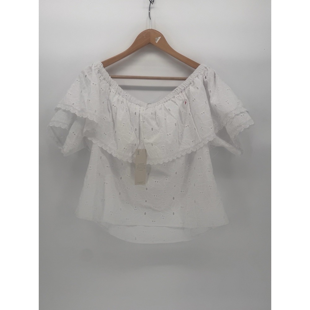 New Calypso St Barth White Cotton Eyelet Flutter Sleeve Top Boho  Ruffle Layered